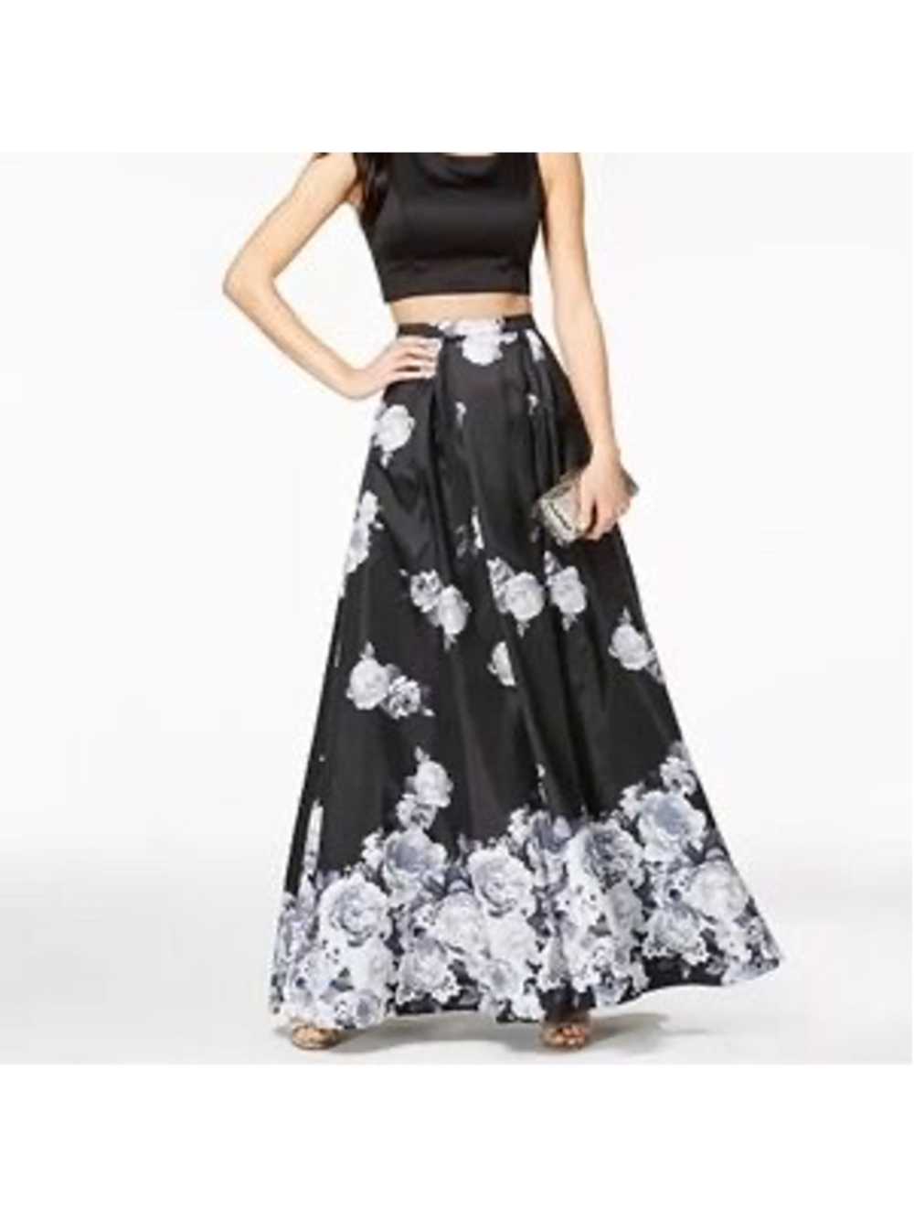 Sequin Hearts Floral Maxi Formal Full Skirt Black Ivory Size 7 NWT